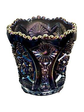 Amethyst Carnival Glass Toothpick Holder Imperial Glass Sawtooth Hobstar 2.5"